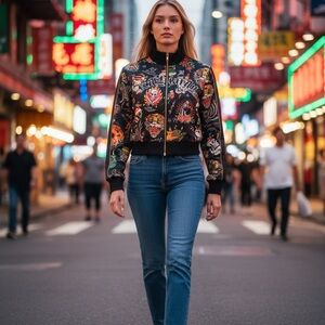 ED HARDY Y2K Shrunken Flashboard Track Jacket M Black  Multi All Over Tattoo